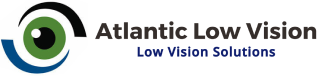 A stylized eye with the words Atlantic Low Vision, Low Vision Solutions