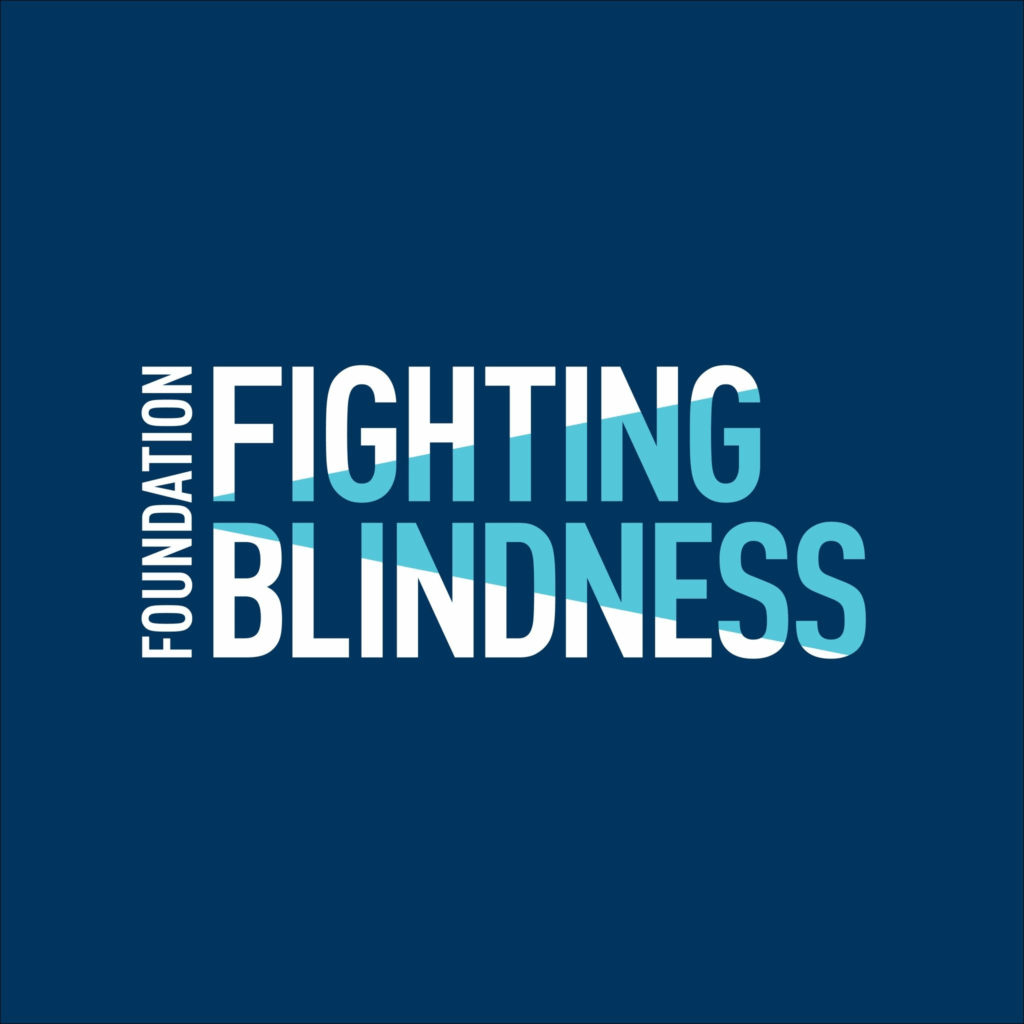 The words Foundation Fighting Blindness in white letters on navy square with beam of light