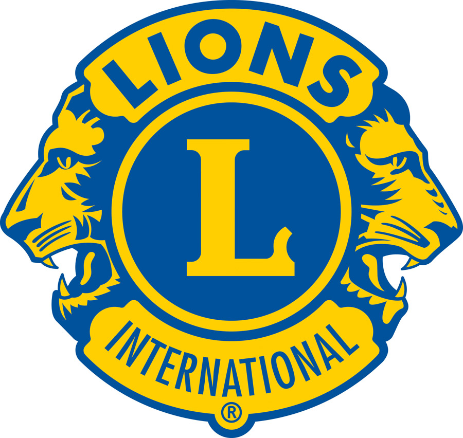 The words Lions International in blue and L in gold on shield with lion’s head on left and right
