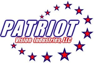 White words Patriot Vision Industries, LLC in white over an array of blue bordered red stars.