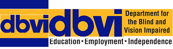 blue letters dbvi on gold. Department for the Blind and Vision Impaired.  Education, employment, independence in black